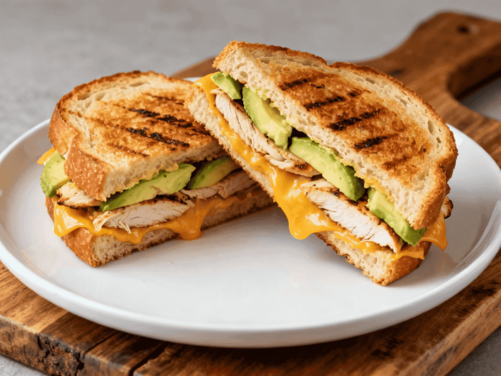 Grilled Chicken Avocado Melt Sandwich sliced in half on a white plate, showing layers of creamy avocado, juicy chicken, and melted cheese.