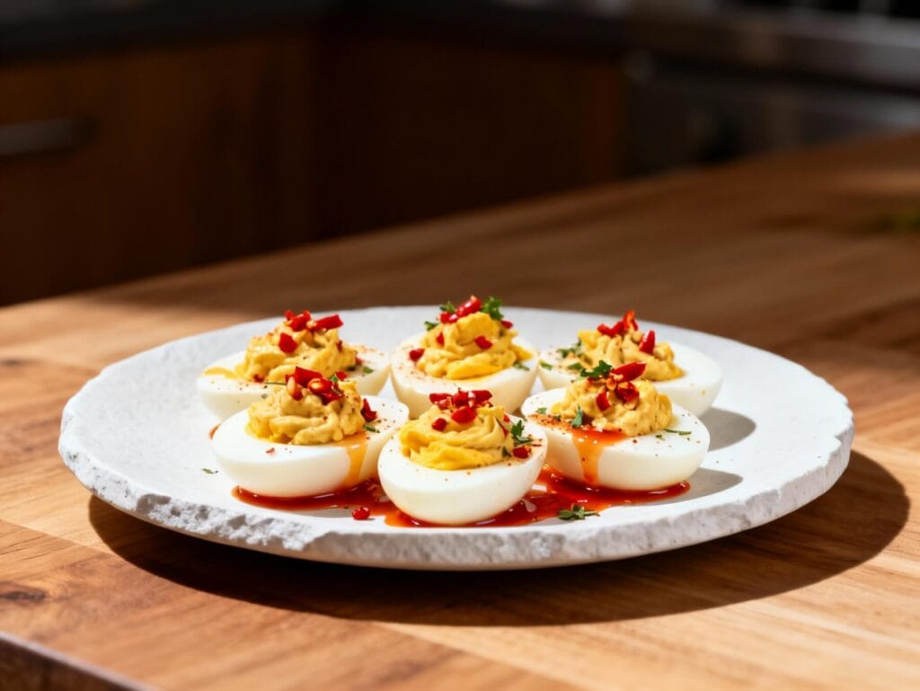 Plate of deviled eggs garnished with chili flakes, herbs, and Sriracha drizzle.