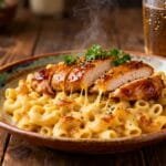 Juicy honey pepper chicken sliced on top of creamy mac and cheese with melted cheese strands.