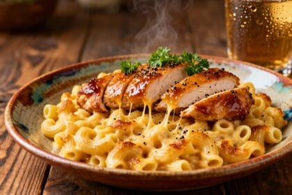 Juicy honey pepper chicken sliced on top of creamy mac and cheese with melted cheese strands.