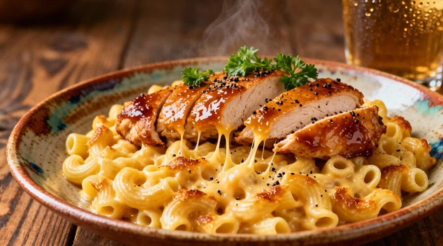 Juicy honey pepper chicken sliced on top of creamy mac and cheese with melted cheese strands.