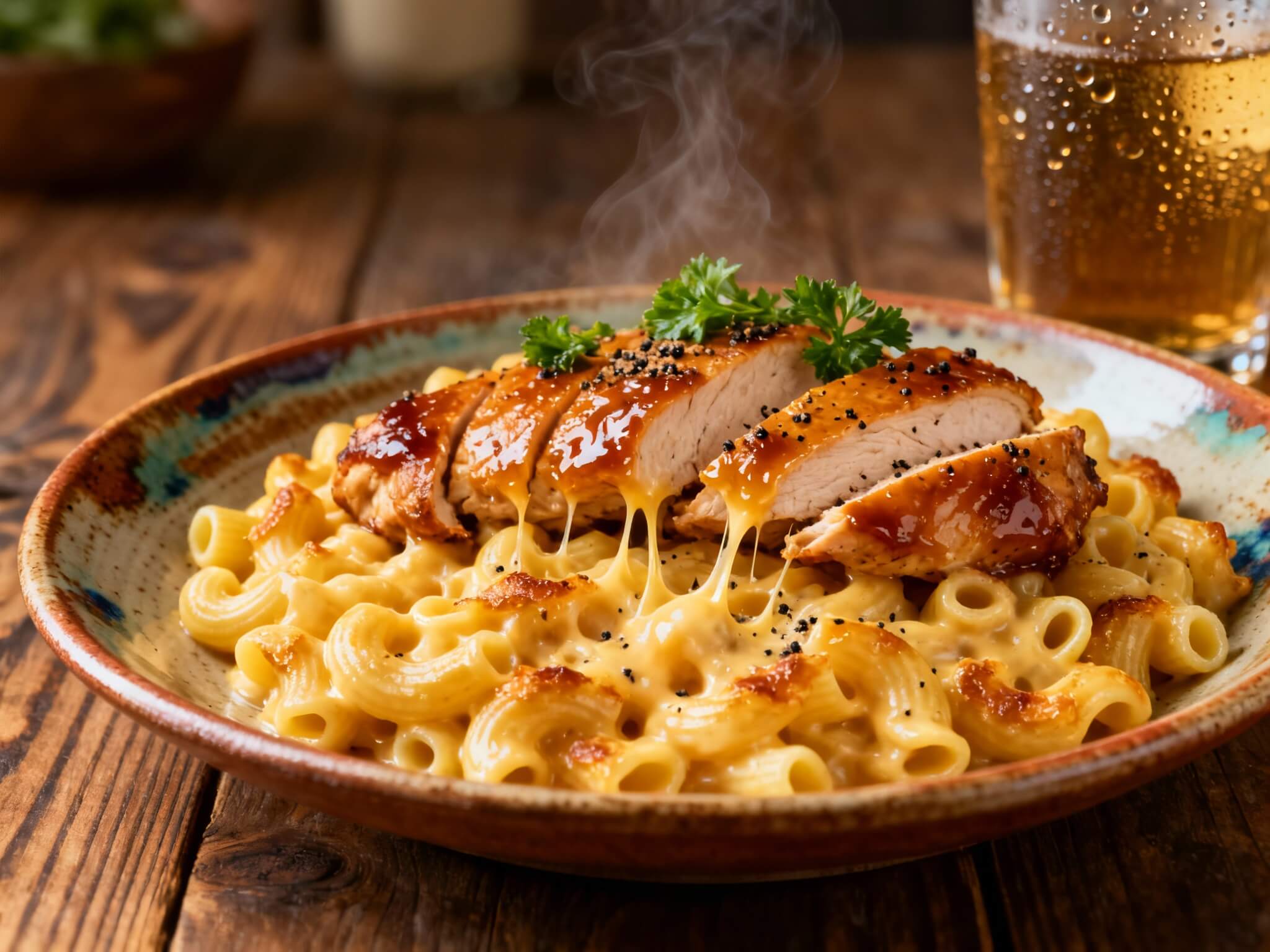 Juicy honey pepper chicken sliced on top of creamy mac and cheese with melted cheese strands.