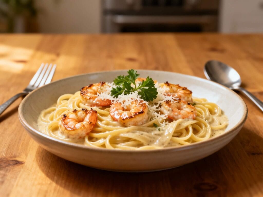 A bowl of creamy garlic parmesan shrimp linguine pasta topped with juicy shrimp, fresh parsley, and parmesan cheese.