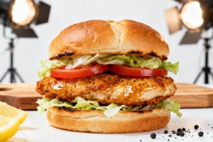 Crispy Lemon Pepper Chicken Sandwich on a toasted brioche bun with fresh lettuce, tomato slices, and juicy fried chicken breast.