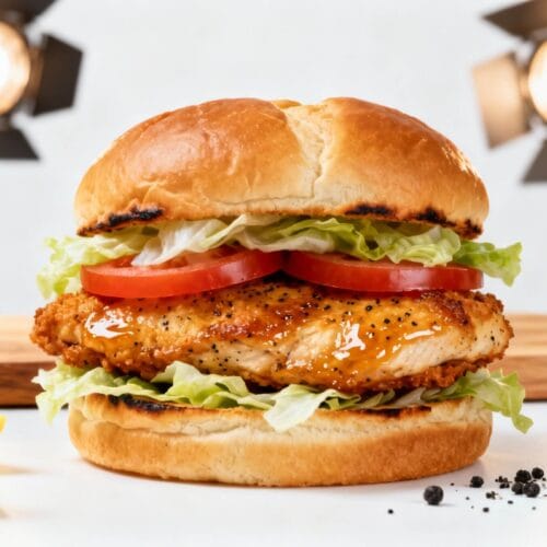 Crispy Lemon Pepper Chicken Sandwich on a toasted brioche bun with fresh lettuce, tomato slices, and juicy fried chicken breast.