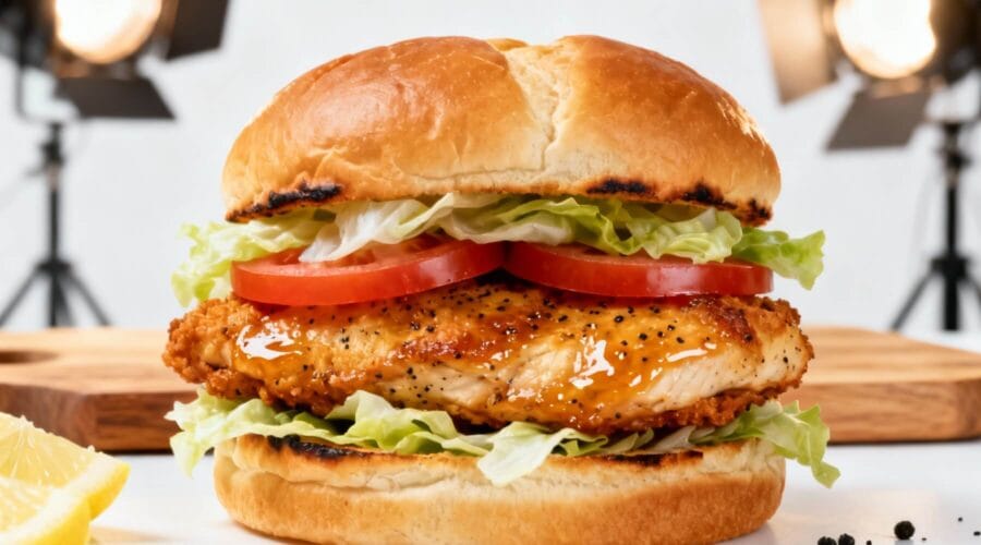 Crispy Lemon Pepper Chicken Sandwich on a toasted brioche bun with fresh lettuce, tomato slices, and juicy fried chicken breast.