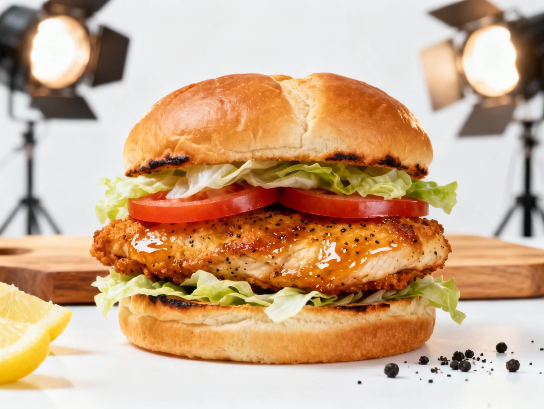 Crispy Lemon Pepper Chicken Sandwich on a toasted brioche bun with fresh lettuce, tomato slices, and juicy fried chicken breast.