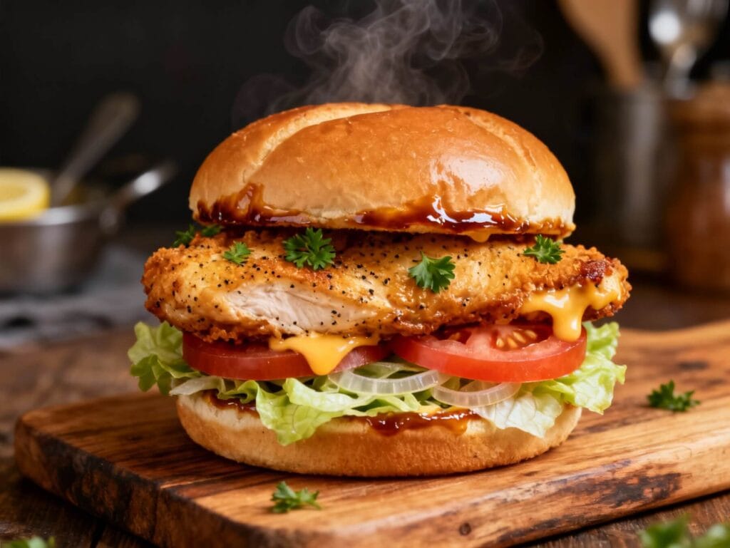 Steaming hot fried chicken sandwich with crispy breading, melty cheese, lettuce, tomato, and lemon pepper seasoning on a brioche bun.