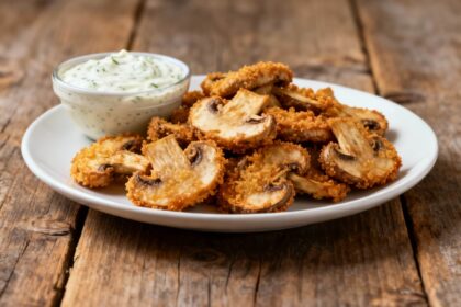 Golden fried mushroom slices with crunchy coating served with ranch dipping sauce on a white plate.