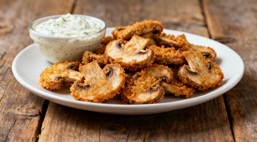 Golden fried mushroom slices with crunchy coating served with ranch dipping sauce on a white plate.
