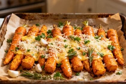 Golden smashed carrots roasted with Parmesan, garlic, and rosemary on parchment-lined baking tray.