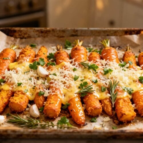 Golden smashed carrots roasted with Parmesan, garlic, and rosemary on parchment-lined baking tray.