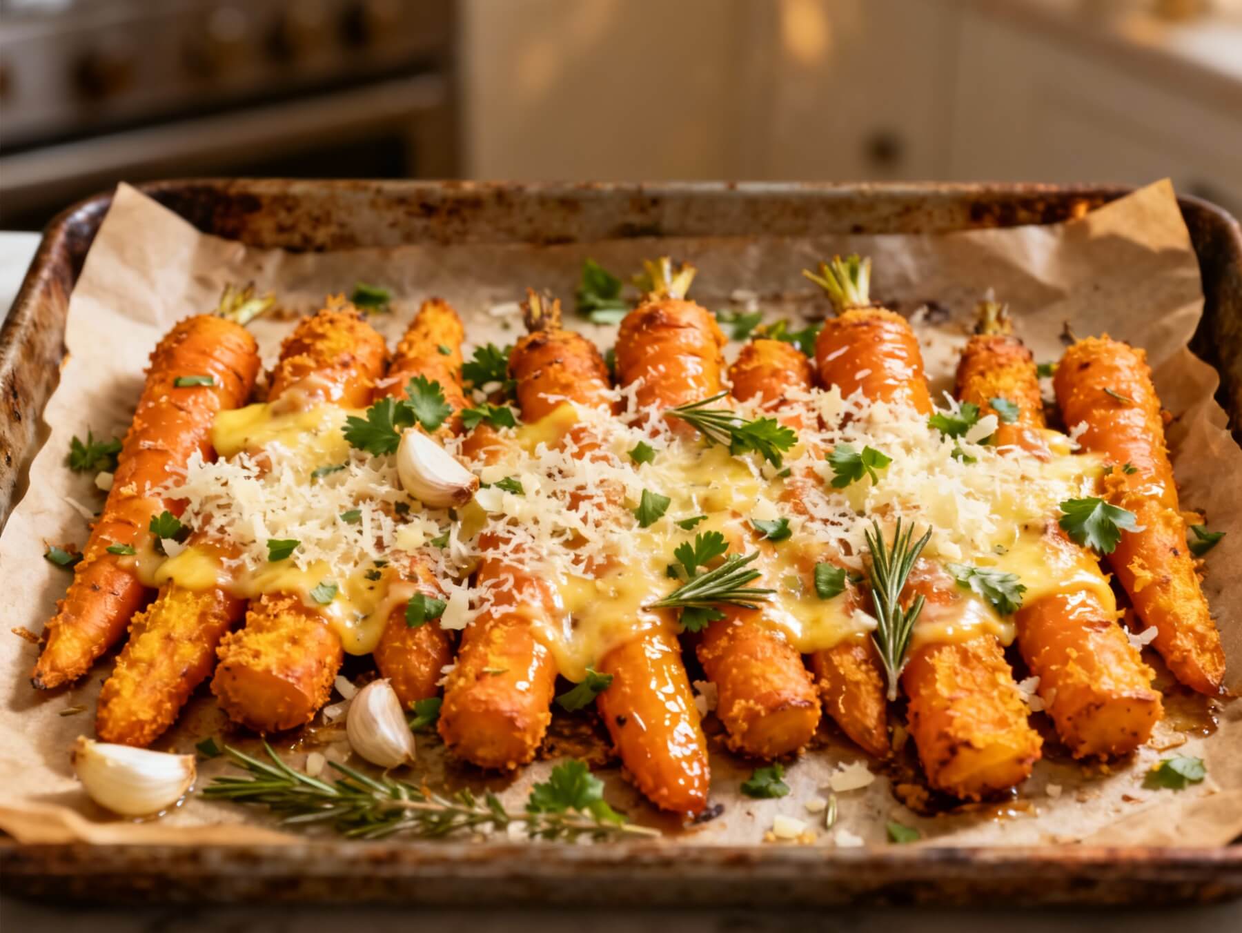 Golden smashed carrots roasted with Parmesan, garlic, and rosemary on parchment-lined baking tray.