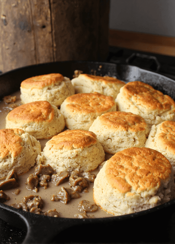 Close-up of homemade sausage gravy casserole topped with flaky buttermilk biscuits in a cast iron skillet.