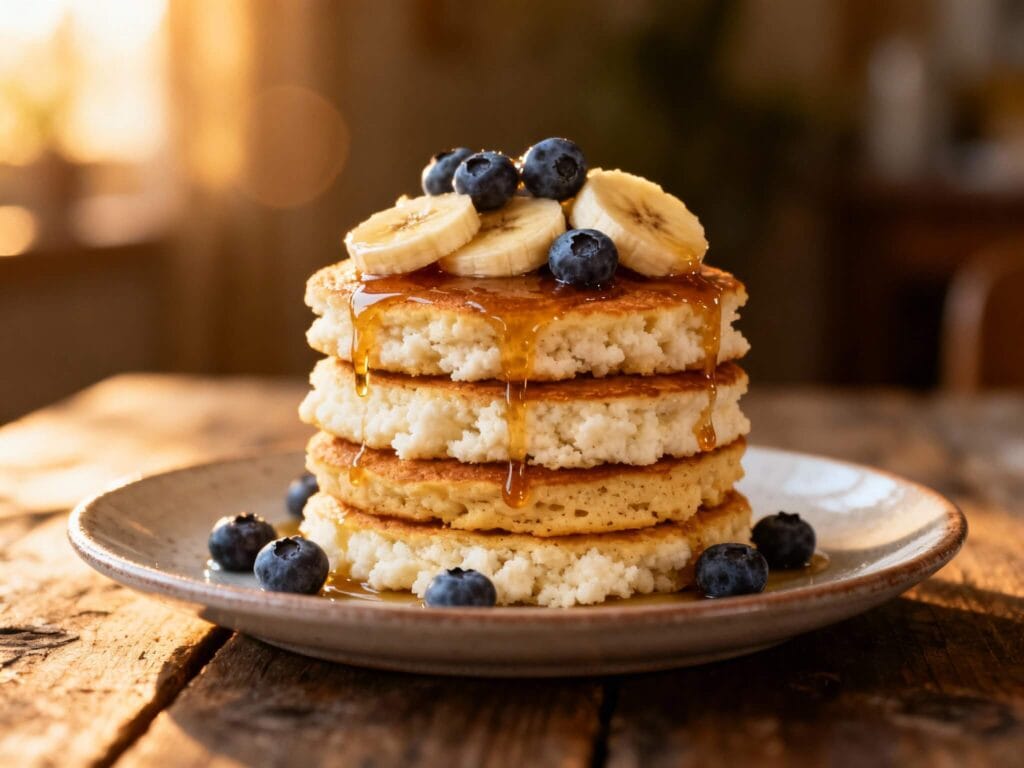 Stack of fluffy cottage cheese pancakes topped with banana slices, blueberries, and drizzled with honey.