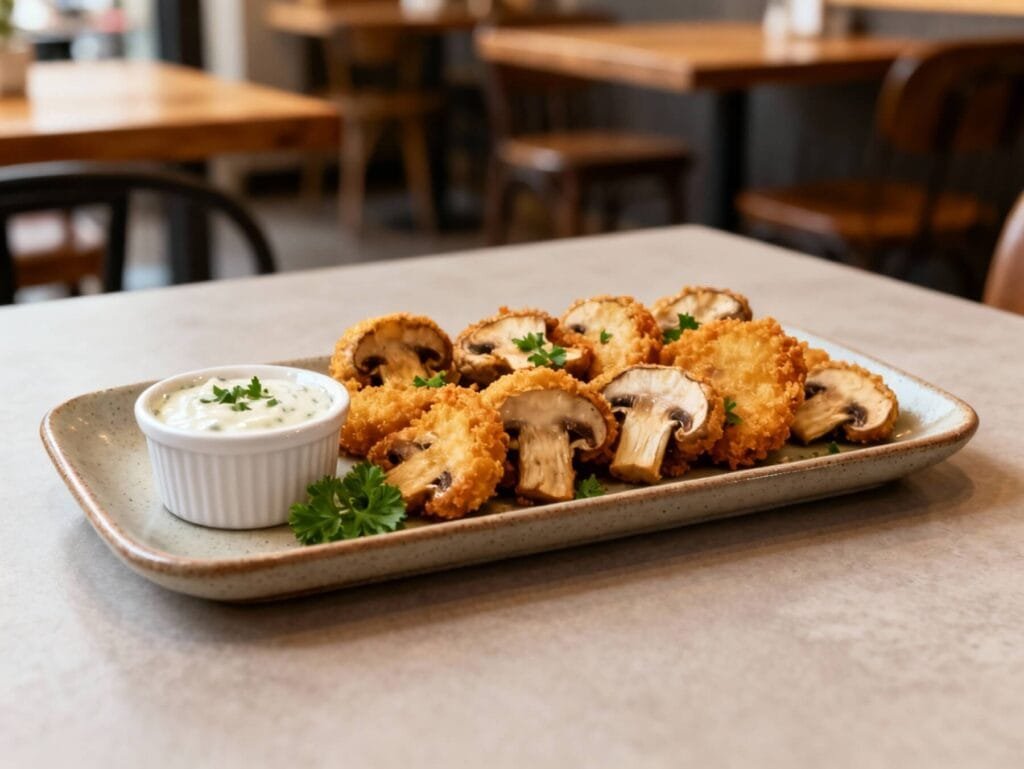 Crispy golden fried sliced mushrooms served with creamy ranch dipping sauce on a rectangular plate.