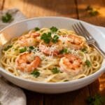Garlic parmesan shrimp linguine served in a white bowl, garnished with parsley and freshly grated parmesan.