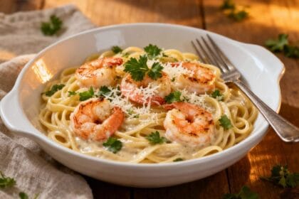 Garlic parmesan shrimp linguine served in a white bowl, garnished with parsley and freshly grated parmesan.