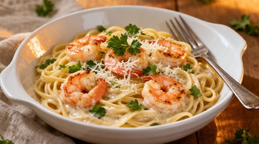 Garlic parmesan shrimp linguine served in a white bowl, garnished with parsley and freshly grated parmesan.