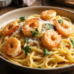 Spaghetti pasta topped with shrimp, garlic butter sauce, and parmesan cheese in a rustic bowl.