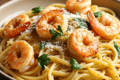 Spaghetti pasta topped with shrimp, garlic butter sauce, and parmesan cheese in a rustic bowl.