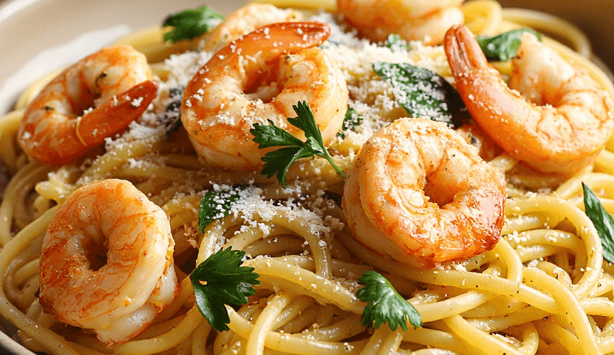 Spaghetti pasta topped with shrimp, garlic butter sauce, and parmesan cheese in a rustic bowl.