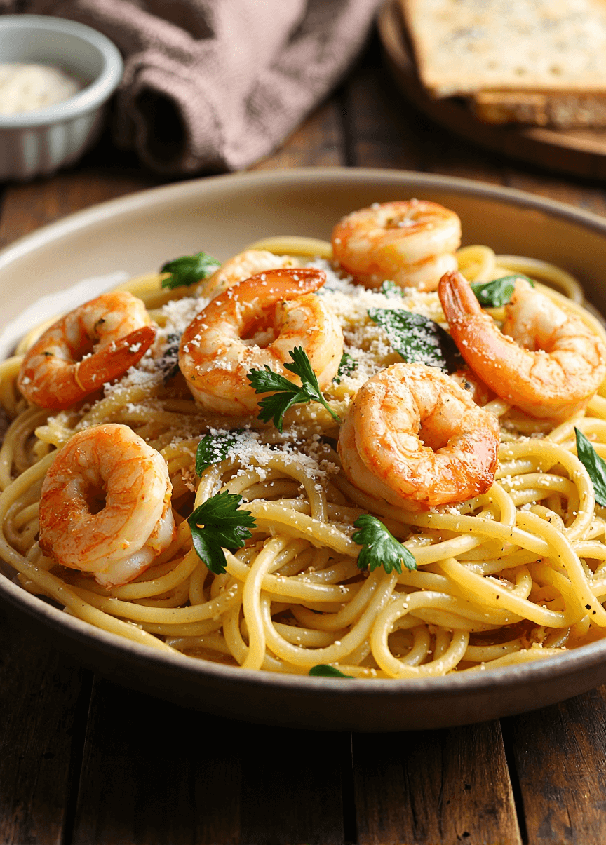 Spaghetti pasta topped with shrimp, garlic butter sauce, and parmesan cheese in a rustic bowl.
