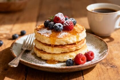 Gluten-free cottage cheese pancakes topped with fresh raspberries, blueberries, powdered sugar, and honey.