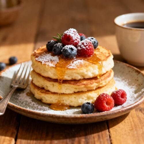 Gluten-free cottage cheese pancakes topped with fresh raspberries, blueberries, powdered sugar, and honey.