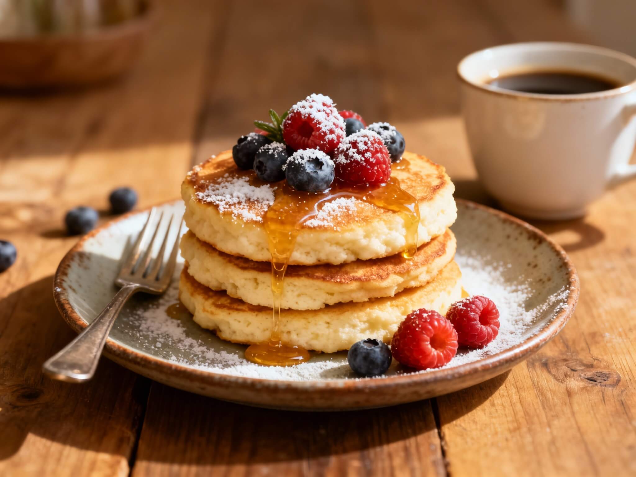 Gluten-free cottage cheese pancakes topped with fresh raspberries, blueberries, powdered sugar, and honey.