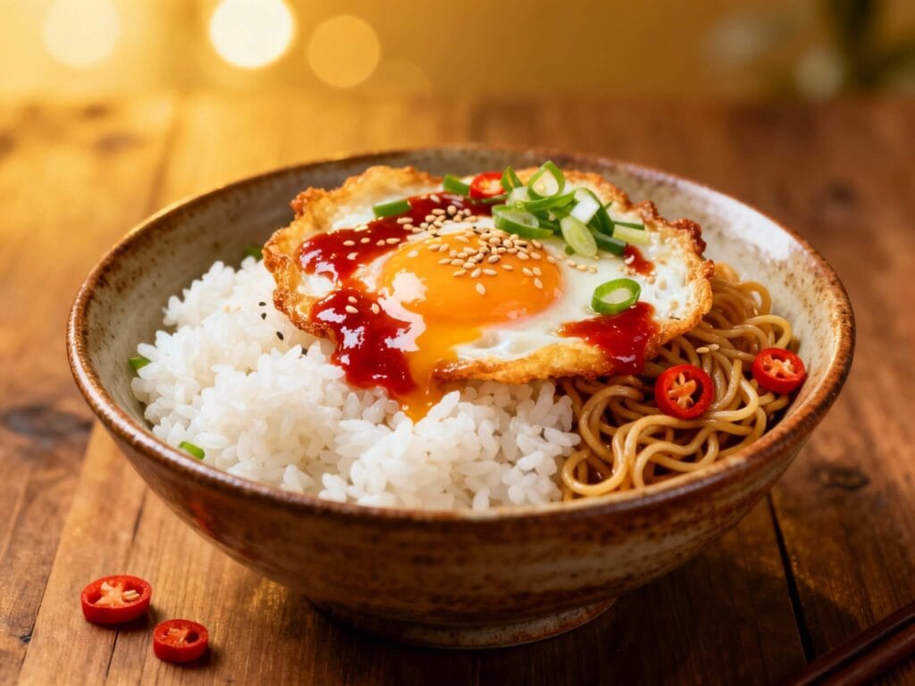 Spicy gochujang fried egg served with rice and noodles, garnished with sesame seeds, scallions, and chili slices.