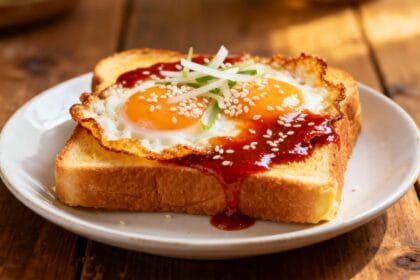 Toast topped with fried eggs drizzled with gochujang sauce, sesame seeds, and scallions.