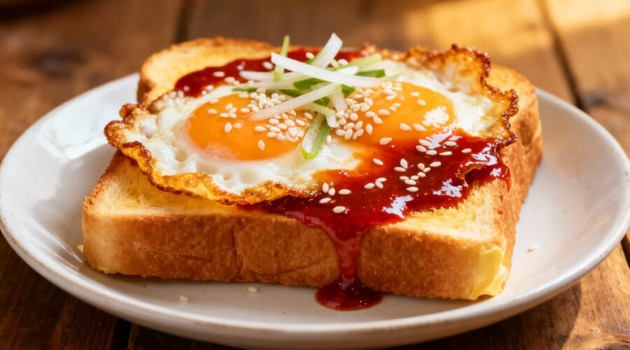 Toast topped with fried eggs drizzled with gochujang sauce, sesame seeds, and scallions.