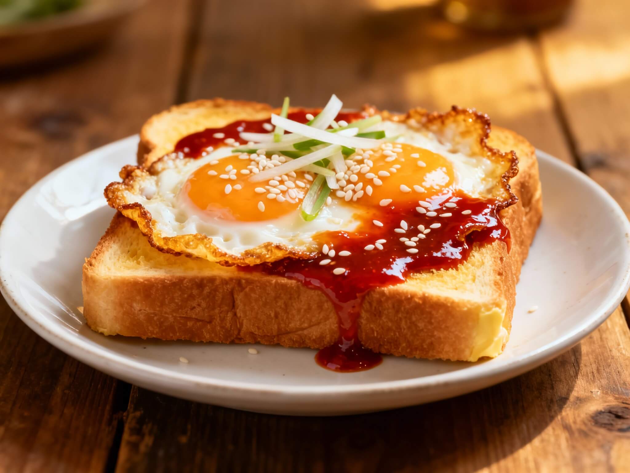 Toast topped with fried eggs drizzled with gochujang sauce, sesame seeds, and scallions.
