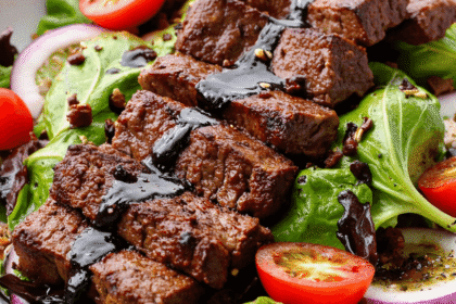 Juicy grilled steak strips drizzled with balsamic glaze over mixed greens, cherry tomatoes, and onions.