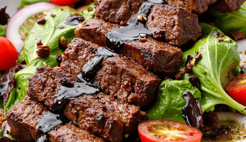 Juicy grilled steak strips drizzled with balsamic glaze over mixed greens, cherry tomatoes, and onions.