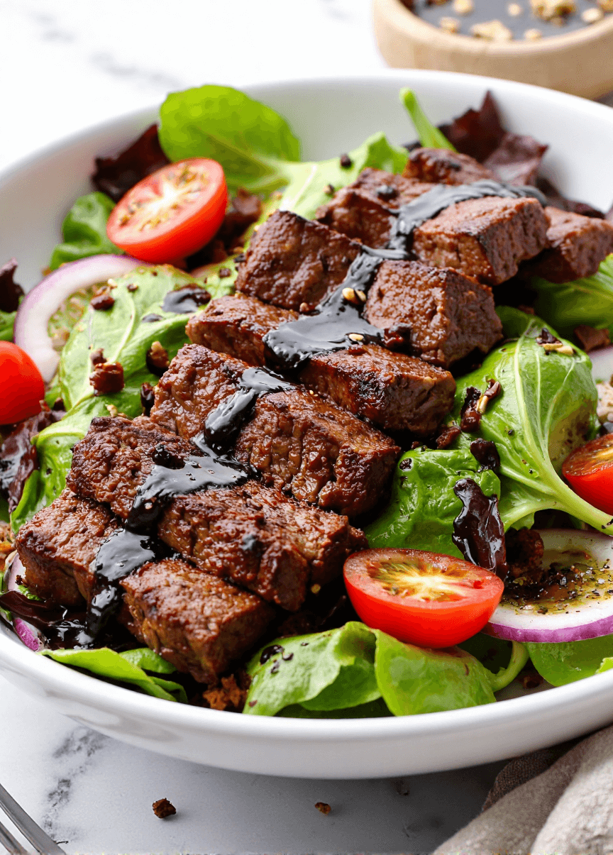 Juicy grilled steak strips drizzled with balsamic glaze over mixed greens, cherry tomatoes, and onions.