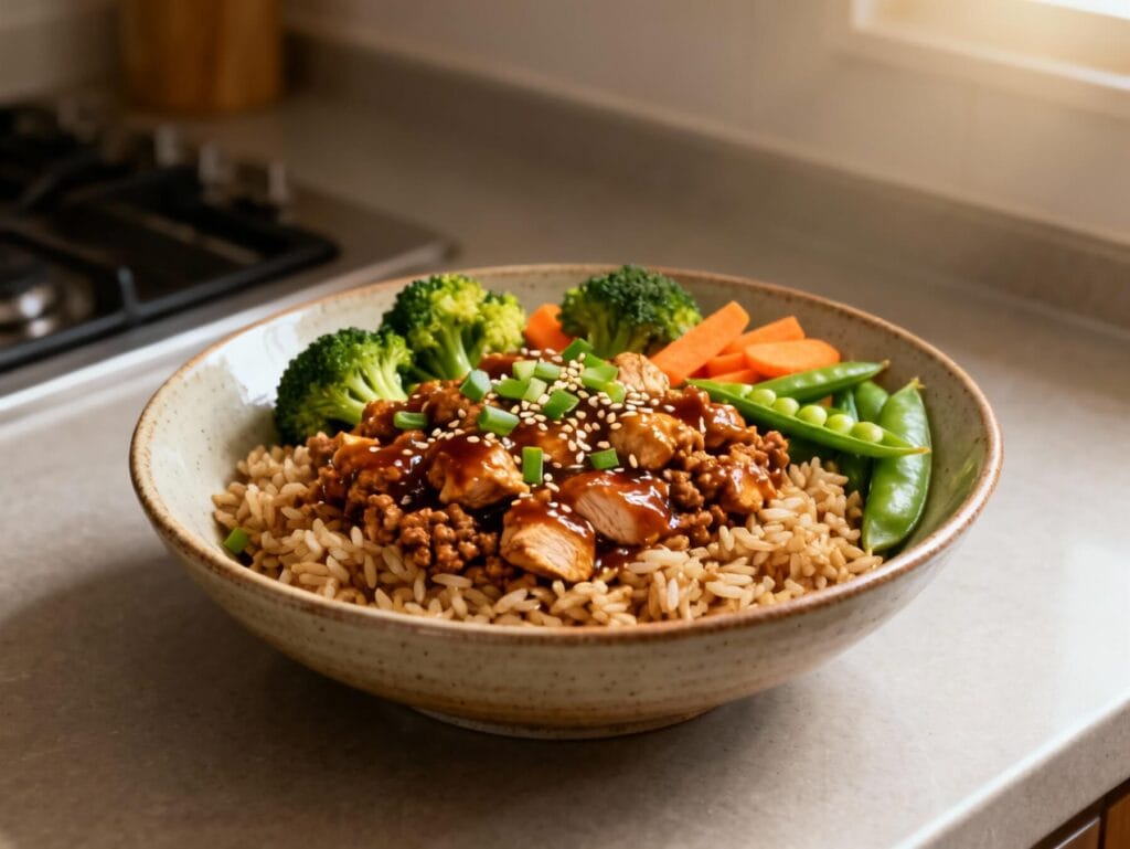Ground turkey teriyaki rice bowl with brown rice, broccoli, carrots, and snap peas topped with sesame seeds.