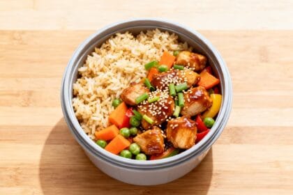 Meal prep container filled with honey garlic chicken fried rice, vegetables, and sesame seed garnish.