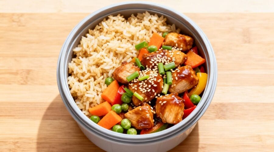 Meal prep container filled with honey garlic chicken fried rice, vegetables, and sesame seed garnish.
