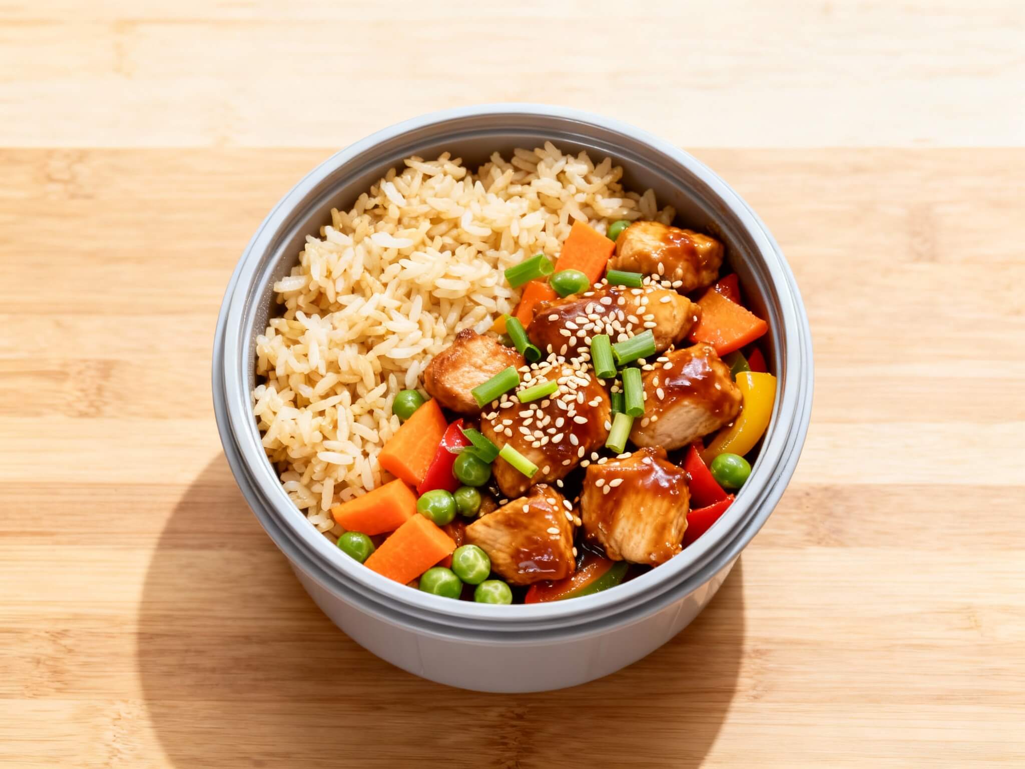 Meal prep container filled with honey garlic chicken fried rice, vegetables, and sesame seed garnish.