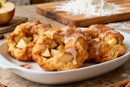 Oven-baked apple fritters with chunks of apple, cinnamon, and glaze on a white dish.