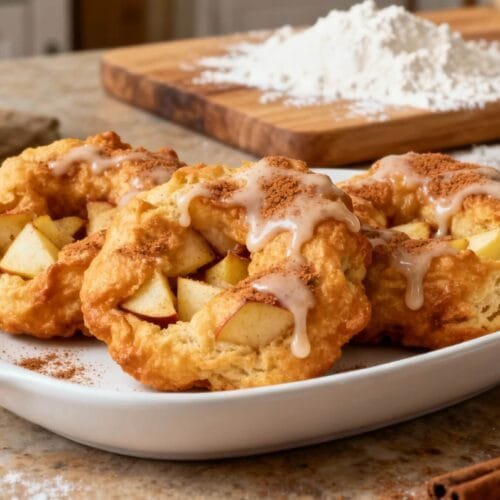 Oven-baked apple fritters with chunks of apple, cinnamon, and glaze on a white dish.