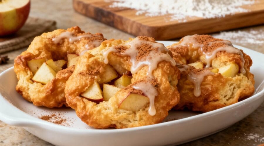 Oven-baked apple fritters with chunks of apple, cinnamon, and glaze on a white dish.