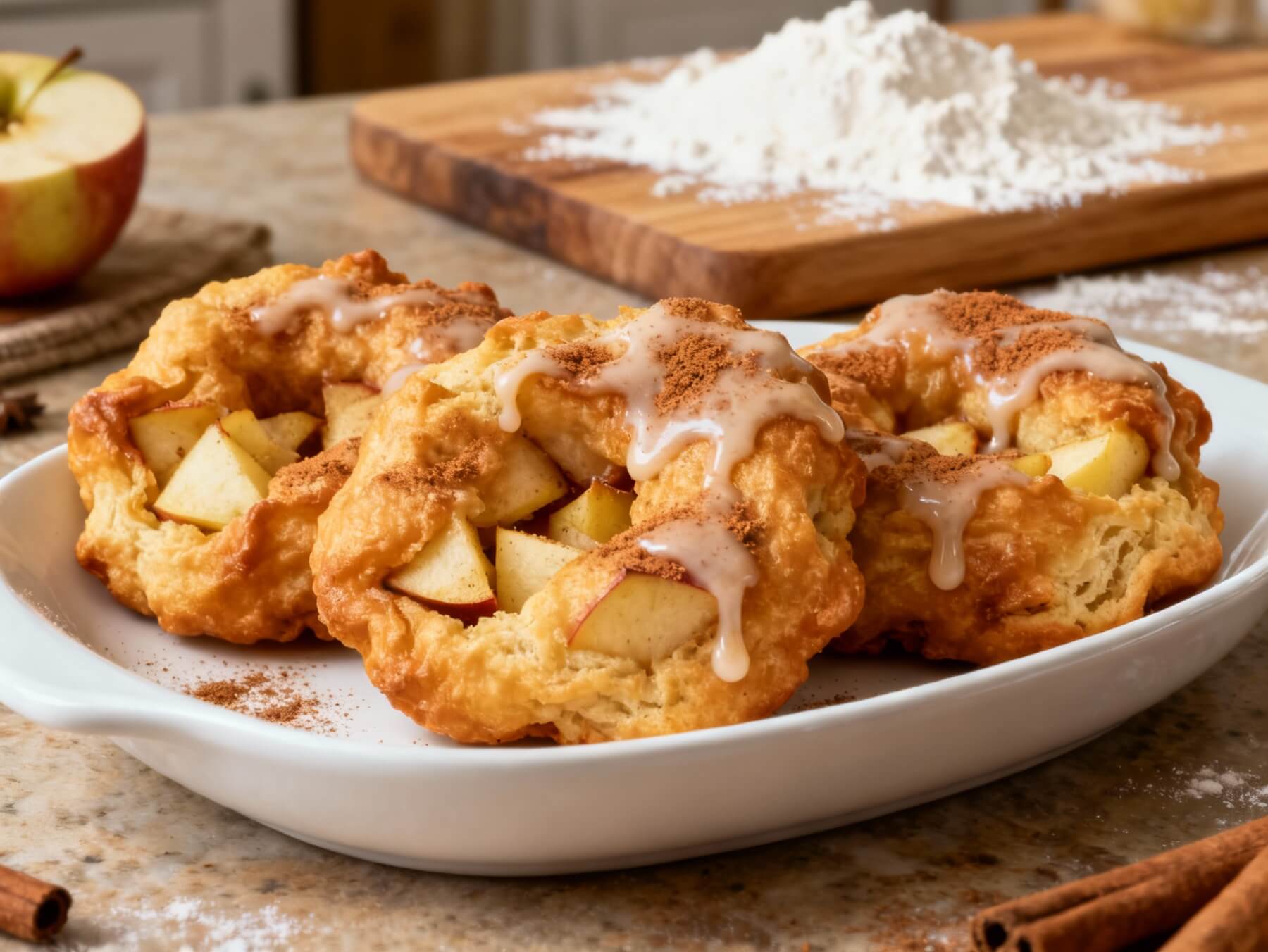 Oven-baked apple fritters with chunks of apple, cinnamon, and glaze on a white dish.