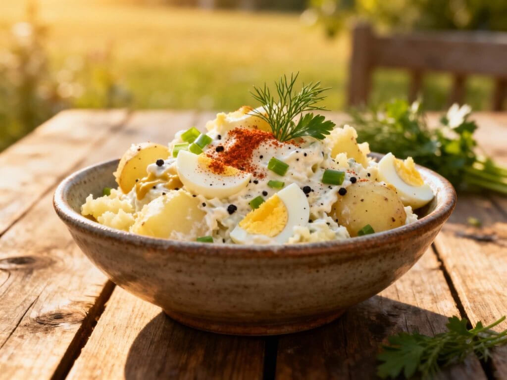 Bowl of creamy Heinz smashed potato salad topped with hard-boiled eggs, mustard, and fresh herbs on a rustic outdoor table.