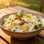 Creamy Heinz smashed potato salad served in a rustic bowl with hard-boiled eggs, mustard drizzle, fresh parsley, and paprika.