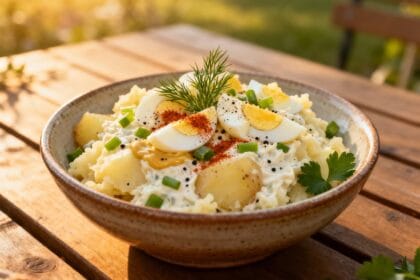 Creamy Heinz smashed potato salad served in a rustic bowl with hard-boiled eggs, mustard drizzle, fresh parsley, and paprika.