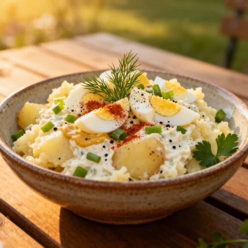 Creamy Heinz smashed potato salad served in a rustic bowl with hard-boiled eggs, mustard drizzle, fresh parsley, and paprika.
