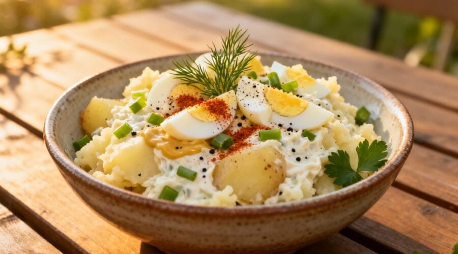 Creamy Heinz smashed potato salad served in a rustic bowl with hard-boiled eggs, mustard drizzle, fresh parsley, and paprika.